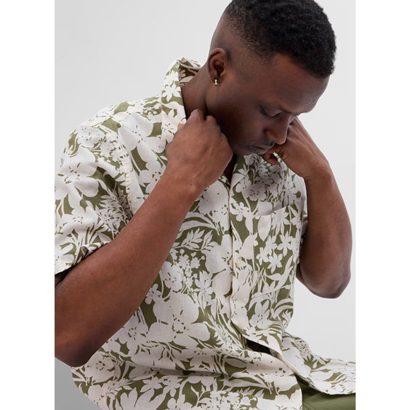 GAP Mens Linen Shirt XL Green Short Sleeve Pocket Camp Leisure Coastal Preppy - Picture 3 of 7